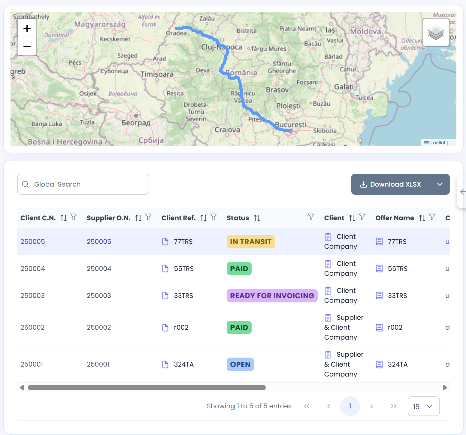 Interfață pentru managementul comenzilor de transport